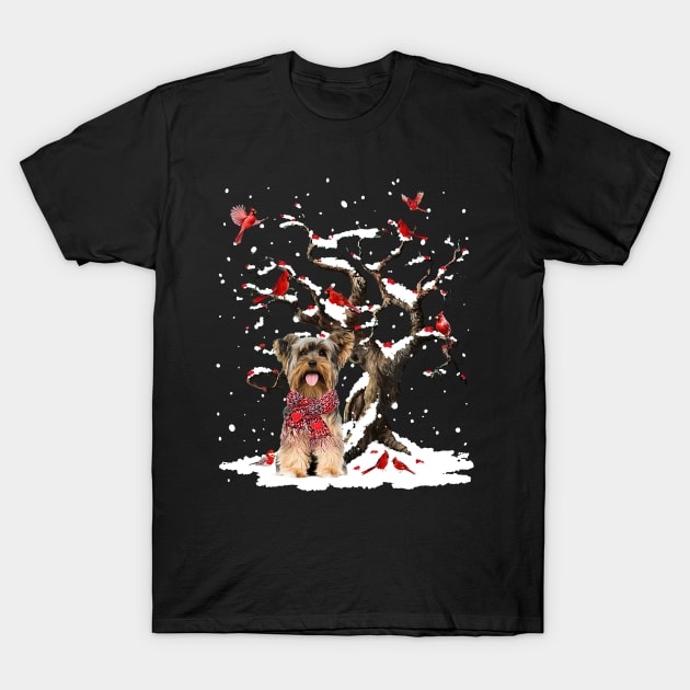 Yorkshire Terrier Scarf Cardinal Snow Christmas T-Shirt by Benko Clarence